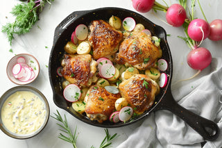 One-Pan Tarragon Chicken Thighs with Asparagus, Radishes & Turnips