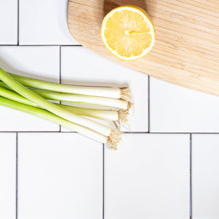 a bundle of scallions on a tile background with a lemon garnish